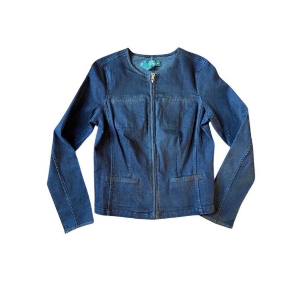 Lauren Ralph Lauren‎ Womens Dark Wash Denim Zip Jacket Faux Leather Trim Size 8